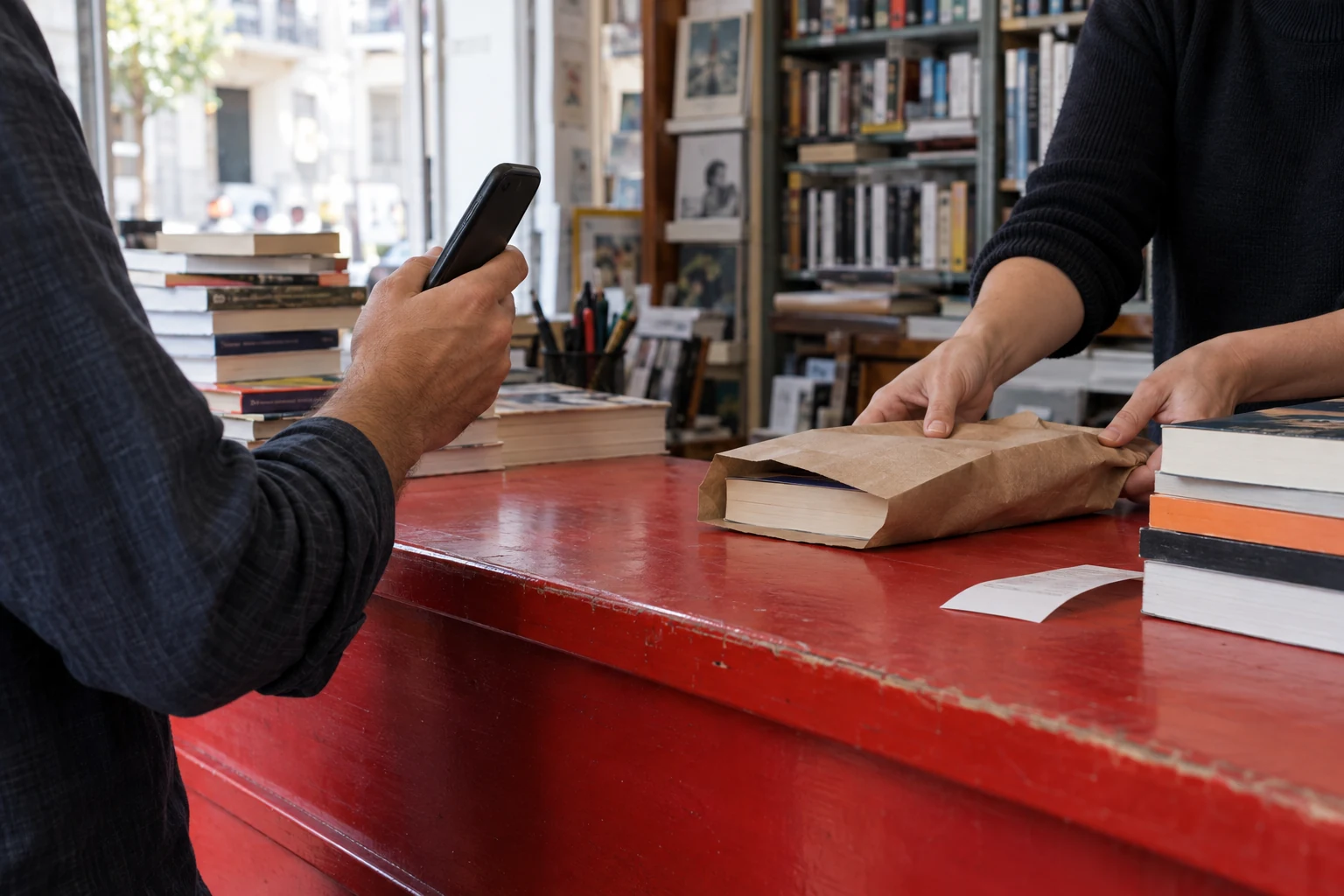 A customer using a phone at a bookshop checkout