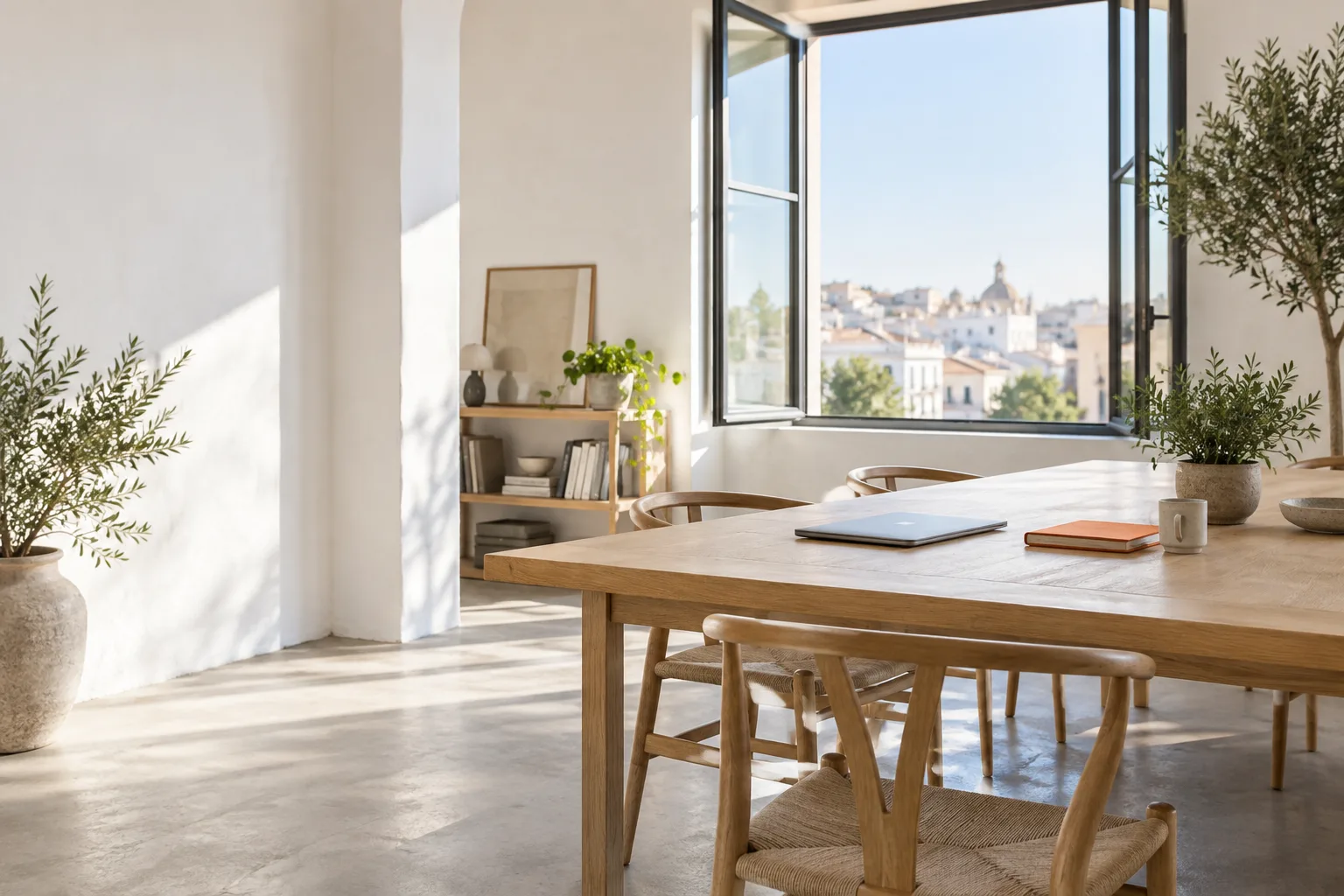 A bright office with a wooden table and an open window over the city