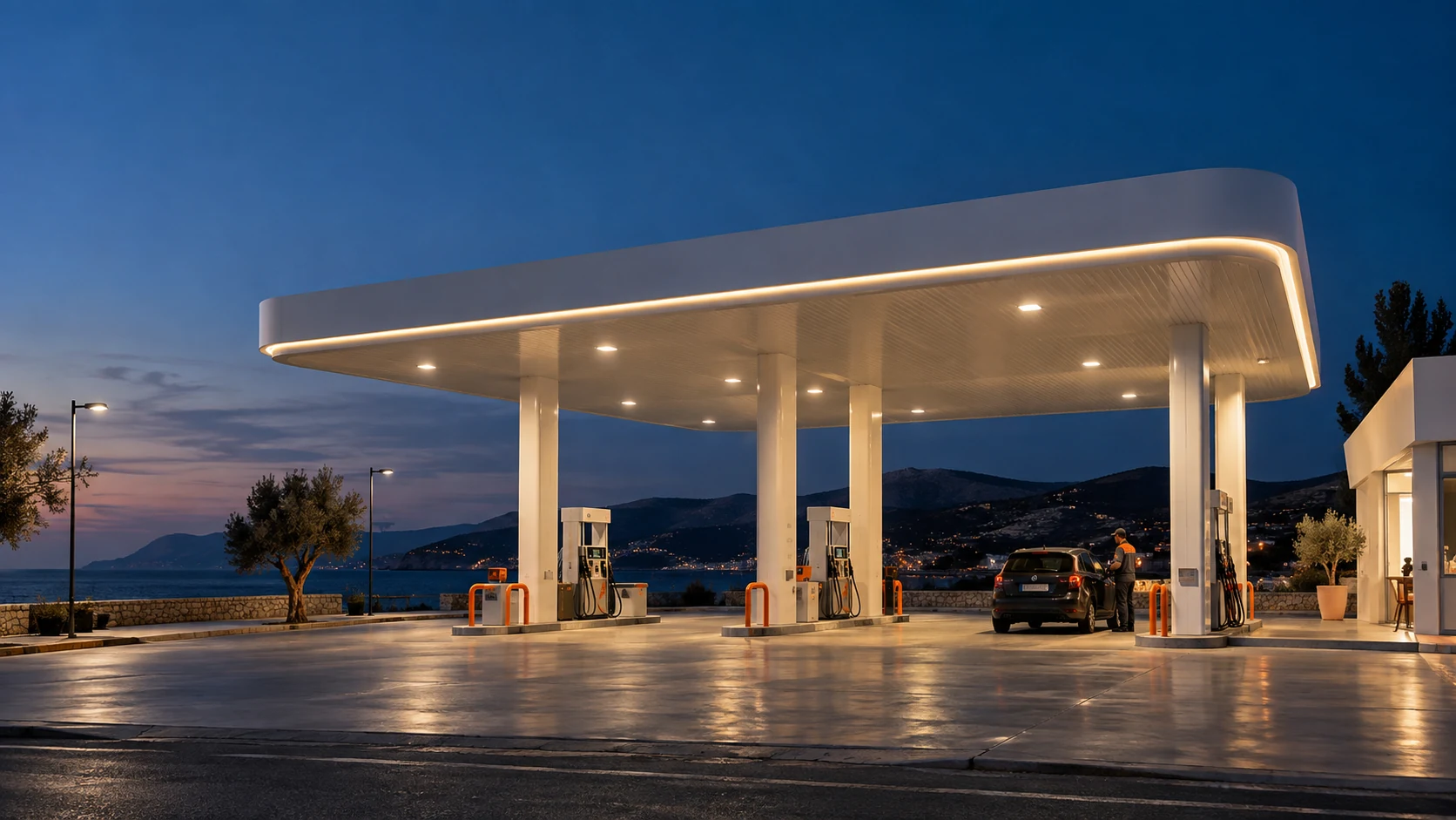Σύγχρονο πρατήριο καυσίμων το σούρουπο