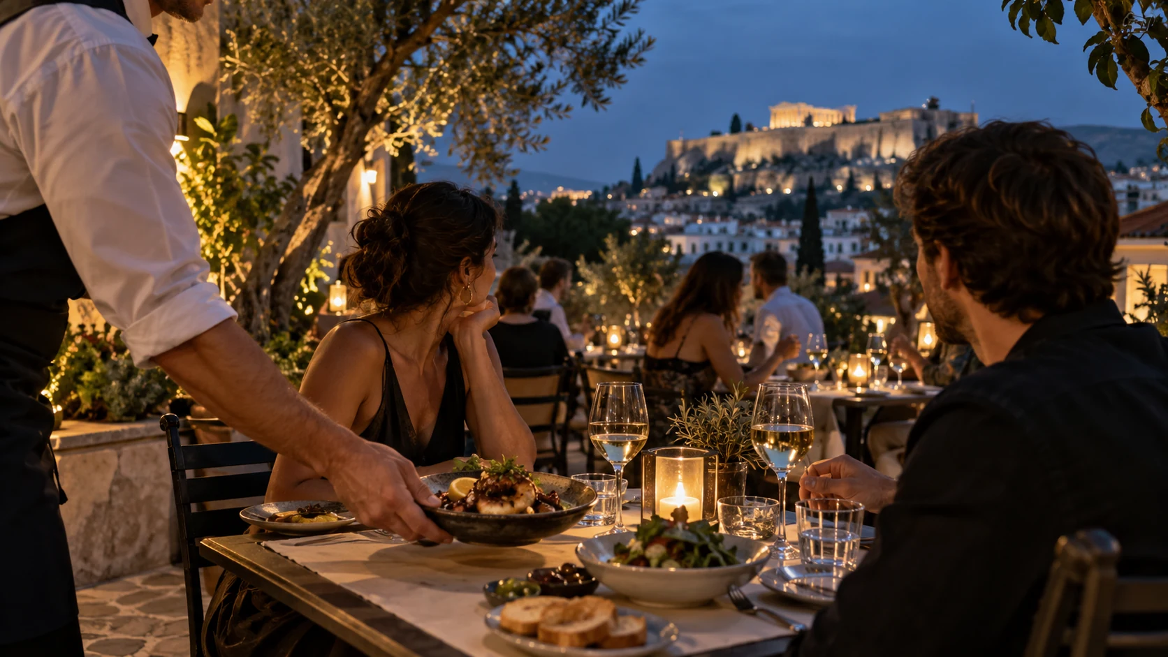 Βραδινό σέρβις σε αυλή εστιατορίου στην Αθήνα