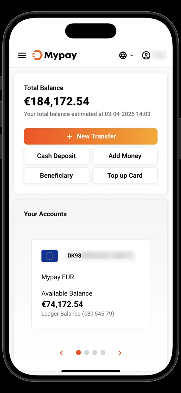 The MyPay Business Account interface showing a balance, account details and New Transfer